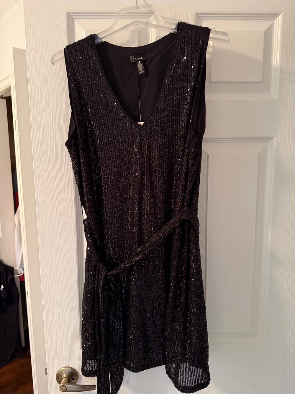 Aqua Black Sequin V-Neck Mini Dress with Tie Waist